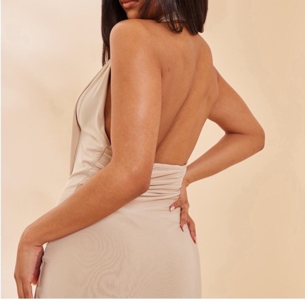 PrettyLittleThing Mini Dress Cowl Chain Halter Bodycon Beige NWT - Picture 6 of 10